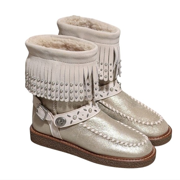 Coach Roccasin Shearling Boot size 6B metallic pearl fringe studded Moccasin - Picture 1 of 12